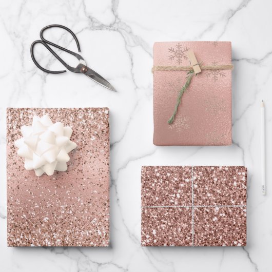 Roze Rose Gold Glam Glitter Snowflake   Inpakpapier Vel (Voorkant)