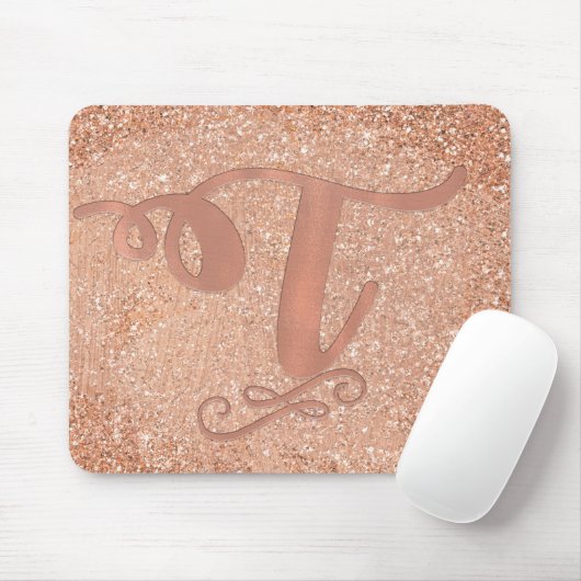 Roze Rose Gold Glam Initiaal Naam Letter T Aangepa Muismat (Met muis)