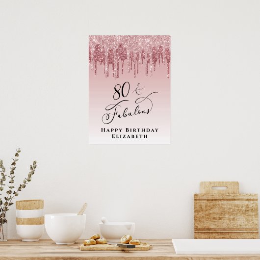 Roze Rose Gold Glitter 80ste Verjaardagsfeest Poster (Keuken)