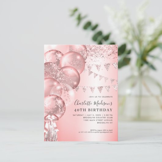 Roze Rose Gold Glitter Ballon Elke leeftijd Verjaa Briefkaart (Staand voorkant)