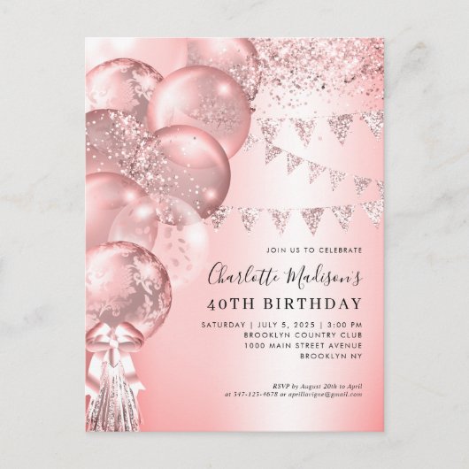 Roze Rose Gold Glitter Ballon Elke leeftijd Verjaa Briefkaart (Voorkant)