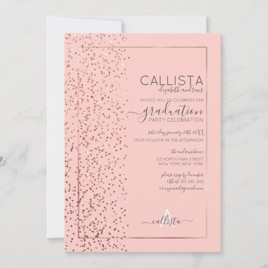 Roze Rose Gold Glitter Confetti Side Afstuderen Kaart (Voorkant)