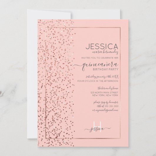 Roze Rose Gold Glitter Confetti Side Quinceañera Kaart (Voorkant)