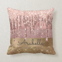 Roze Rose Gold Glitter Dripping Stripes Monogram Kussen
