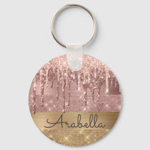 Roze Rose Gold Glitter Dripping Stripes Monogram Sleutelhanger