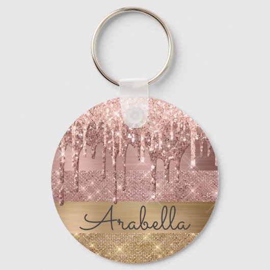 Roze Rose Gold Glitter Dripping Stripes Monogram Sleutelhanger (Voorkant)