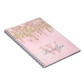 Roze Rose Gold Glitter Drips Name Monogramed Notitieboek (Rechterzijde)