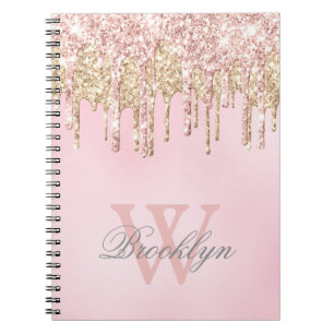 Roze Rose Gold Glitter Drips Name Monogramed Notitieboek