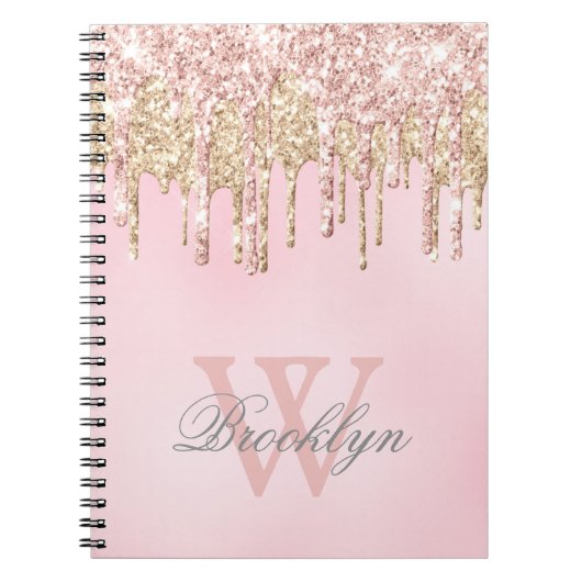 Roze Rose Gold Glitter Drips Name Monogramed Notitieboek (Voorkant)