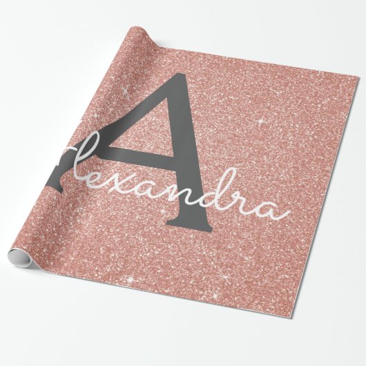 Roze Rose Gold Glitter en Sparkle Monogram Cadeaupapier (Uitgerold)