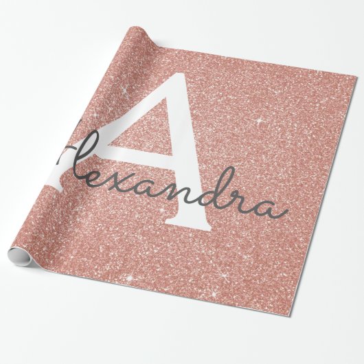 Roze Rose Gold Glitter en Sparkle Monogram Cadeaupapier (Uitgerold)