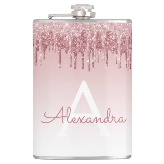 Roze Rose Gold Glitter en Sparkle Monogram Heupfles (Voorkant)