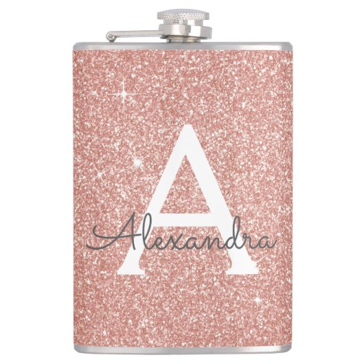 Roze Rose Gold Glitter en Sparkle Monogram Heupfles (Voorkant)