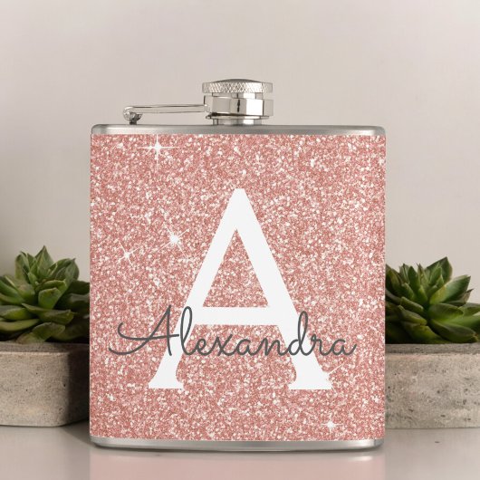 Roze Rose Gold Glitter en Sparkle Monogram Heupfles