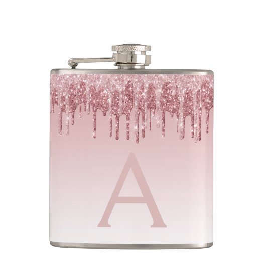 Roze Rose Gold Glitter en Sparkle Monogram Heupfles (Voorkant)