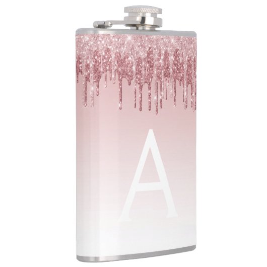 Roze Rose Gold Glitter en Sparkle Monogram Heupfles (Rechts)