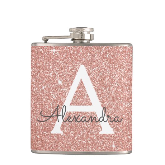 Roze Rose Gold Glitter en Sparkle Monogram Heupfles (Voorkant)