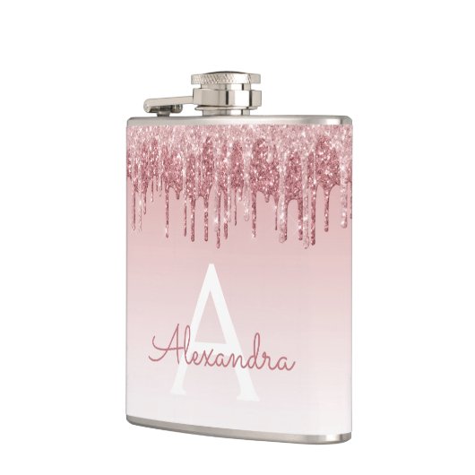 Roze Rose Gold Glitter en Sparkle Monogram Heupfles (Links)