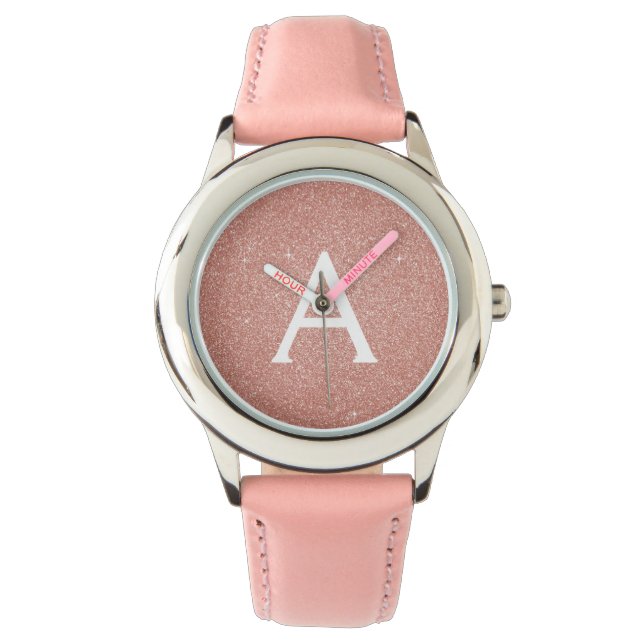 Roze Rose Gold Glitter en Sparkle Monogram Horloge (Voorkant)