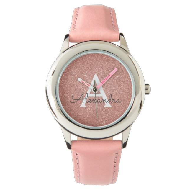 Roze Rose Gold Glitter en Sparkle Monogram Horloge (Voorkant)