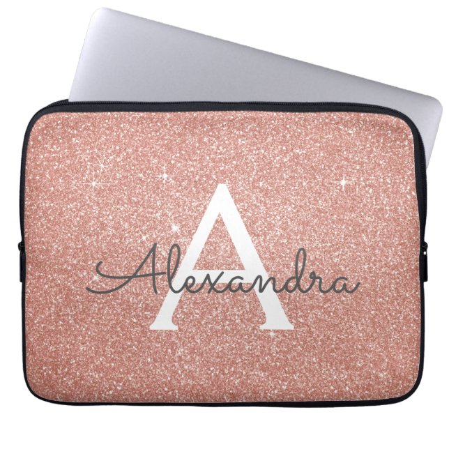 Roze Rose Gold Glitter en Sparkle Monogram Laptop Sleeve (Voorkant)