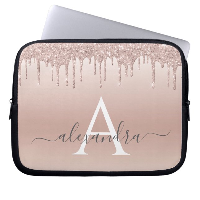 Roze Rose Gold Glitter en Sparkle Monogram Laptop Sleeve (Voorkant)