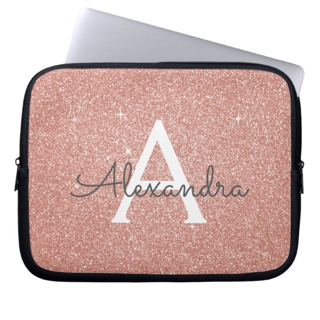 Roze Rose Gold Glitter en Sparkle Monogram Laptop Sleeve (Voorkant)