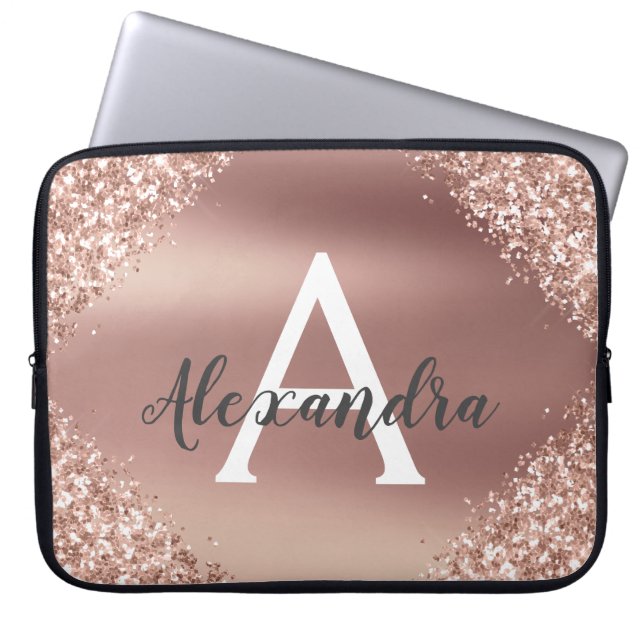 Roze Rose Gold Glitter en Sparkle Monogram Laptop Sleeve (Voorkant)