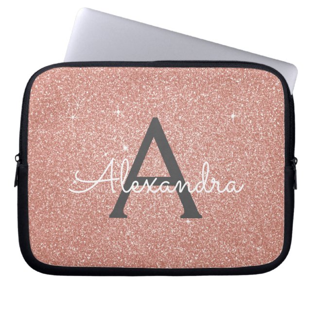 Roze Rose Gold Glitter en Sparkle Monogram Laptop Sleeve (Voorkant)