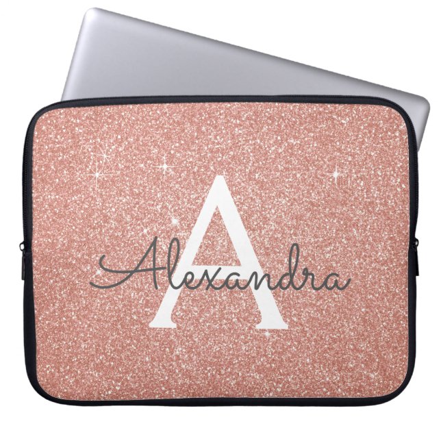 Roze Rose Gold Glitter en Sparkle Monogram Laptop Sleeve (Voorkant)