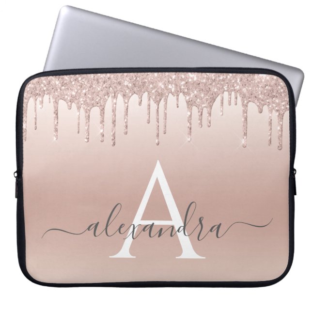 Roze Rose Gold Glitter en Sparkle Monogram Laptop Sleeve (Voorkant)