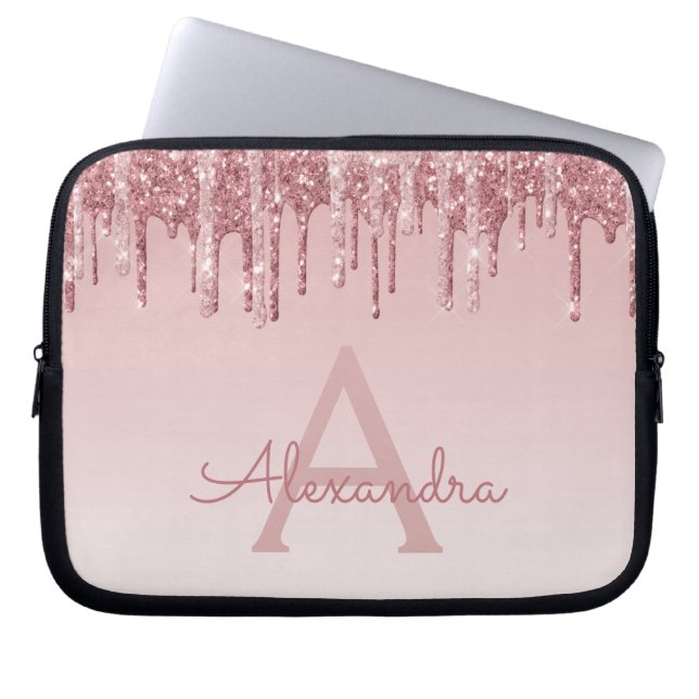 Roze Rose Gold Glitter en Sparkle Monogram Laptop Sleeve (Voorkant)