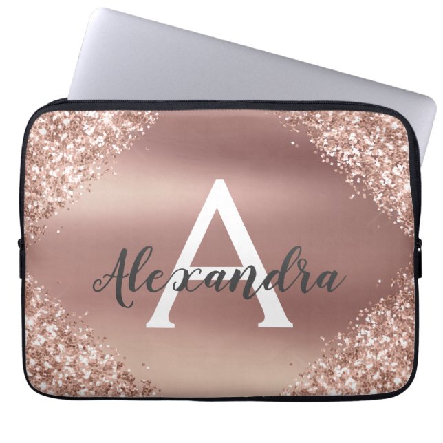 Roze Rose Gold Glitter en Sparkle Monogram Laptop Sleeve (Voorkant)