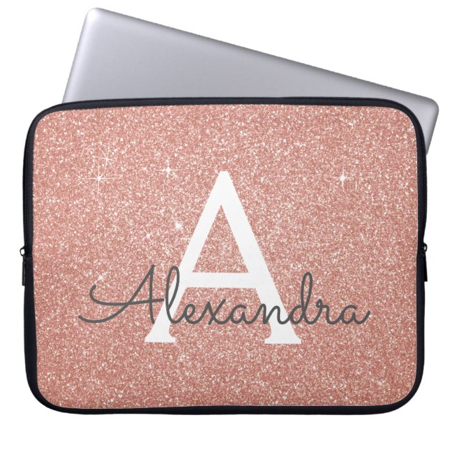 Roze Rose Gold Glitter en Sparkle Monogram Laptop Sleeve (Voorkant)