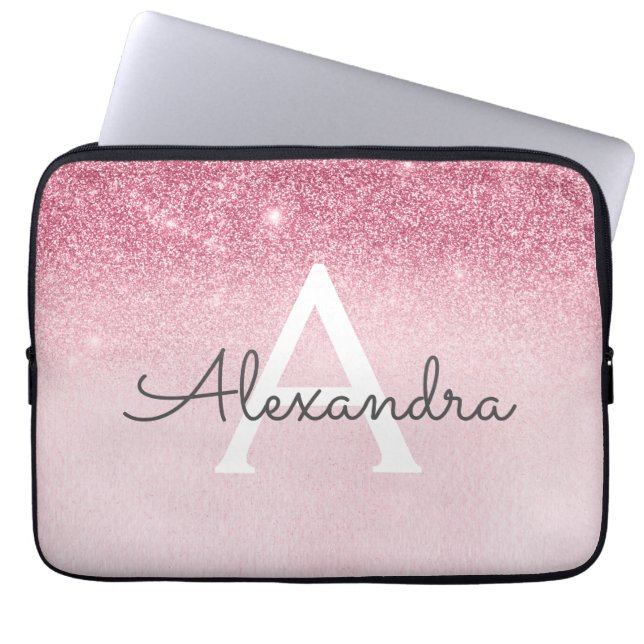 Roze Rose Gold Glitter en Sparkle Monogram Laptop Sleeve (Voorkant)