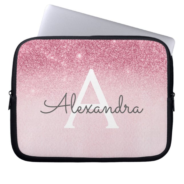Roze Rose Gold Glitter en Sparkle Monogram Laptop Sleeve (Voorkant)