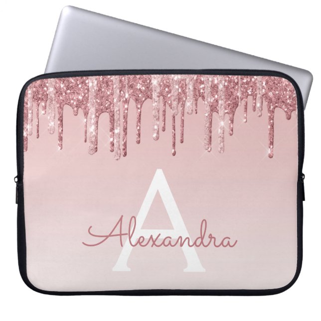 Roze Rose Gold Glitter en Sparkle Monogram Laptop Sleeve (Voorkant)