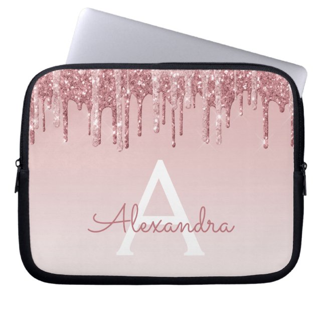 Roze Rose Gold Glitter en Sparkle Monogram Laptop Sleeve (Voorkant)