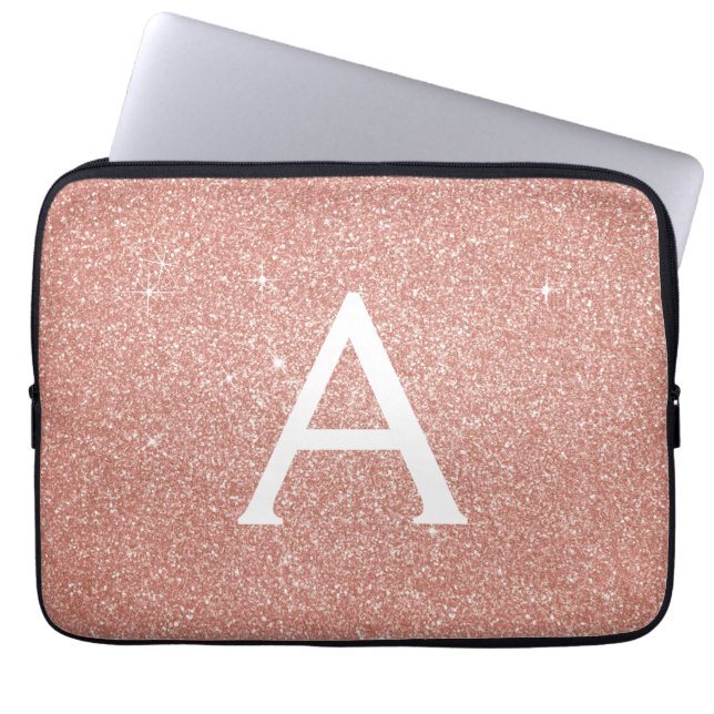 Roze Rose Gold Glitter en Sparkle Monogram Laptop Sleeve (Voorkant)