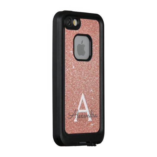Roze Rose Gold Glitter en Sparkle Monogram LifeProof iPhone Hoesje (Achterkant / rechts)