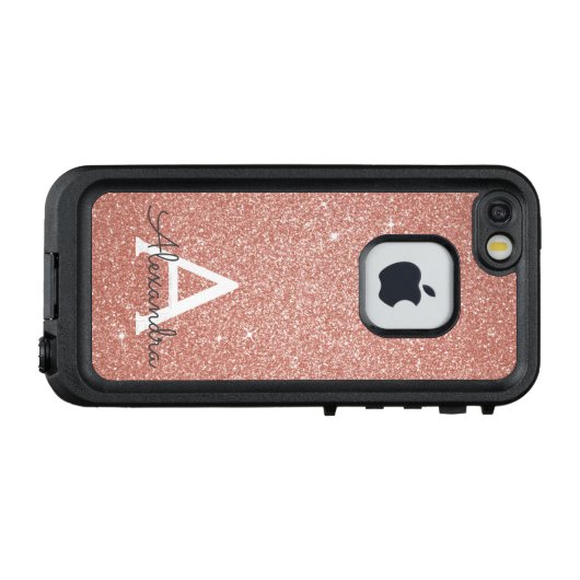 Roze Rose Gold Glitter en Sparkle Monogram LifeProof iPhone Hoesje (Achterkant (horizontaal))