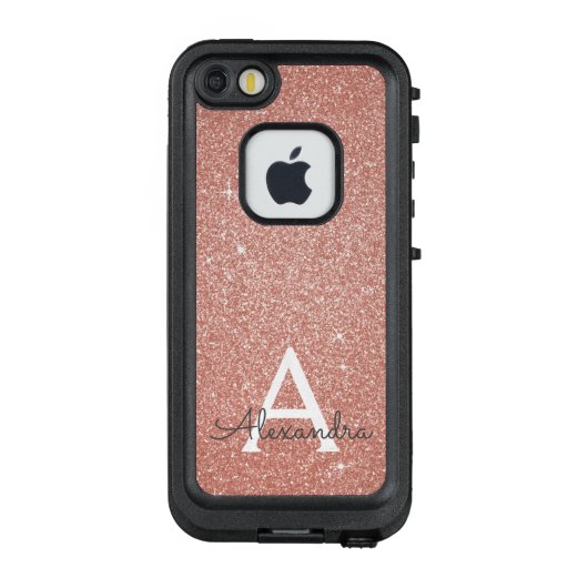 Roze Rose Gold Glitter en Sparkle Monogram LifeProof iPhone Hoesje (Achterkant)