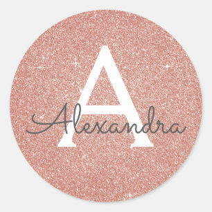Roze Rose Gold Glitter en Sparkle Monogram Ronde Sticker