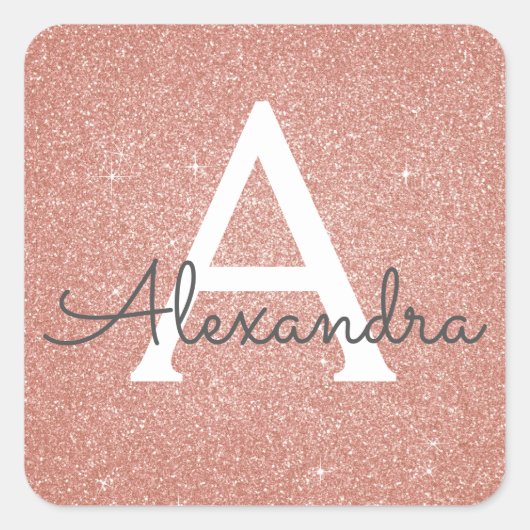 Roze Rose Gold Glitter en Sparkle Monogram Vierkante Sticker (Voorkant)
