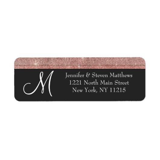 Roze Rose Gold Glitter en Zwart Monogram Labels (Voorkant)