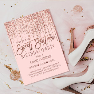 Roze Rose Gold Glitter Fringe Curtain Sweet 16 Kaart