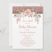 Roze Rose Gold Glitter Girl Baby shower Kaart (Voorkant)