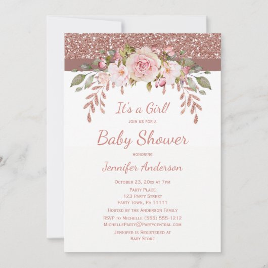 Roze Rose Gold Glitter Girl Baby shower Kaart (Voorkant)