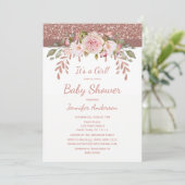 Roze Rose Gold Glitter Girl Baby shower Kaart (Staand voorkant)