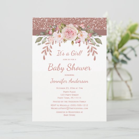 Roze Rose Gold Glitter Girl Baby shower Kaart (Staand voorkant)